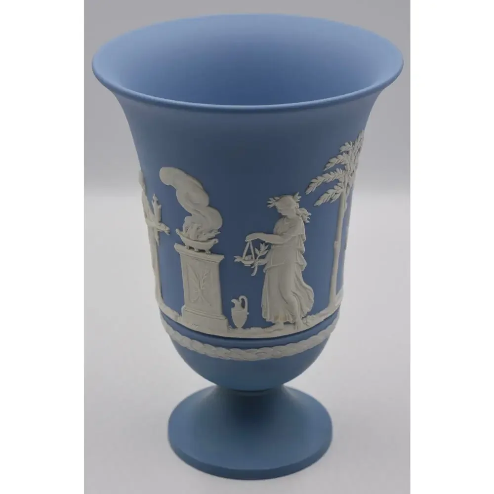 Wedgwood Blue Jasperware Cameo Cherubs Neoclassical Pedestal Vase